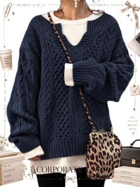Women's Long Sleeve Cable Knit V-Neck Chunky Oversized Sweater